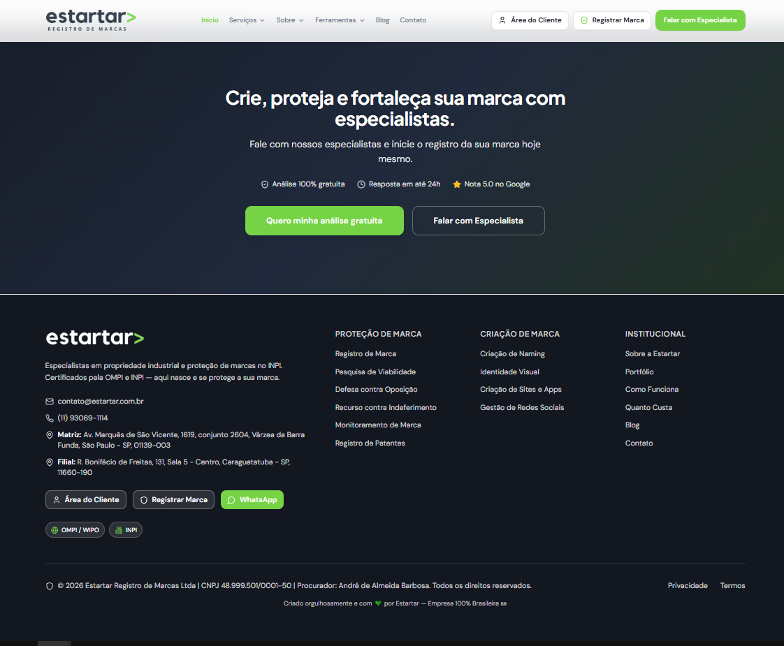 Landing page da Estartar Registro de Marcas — página 8